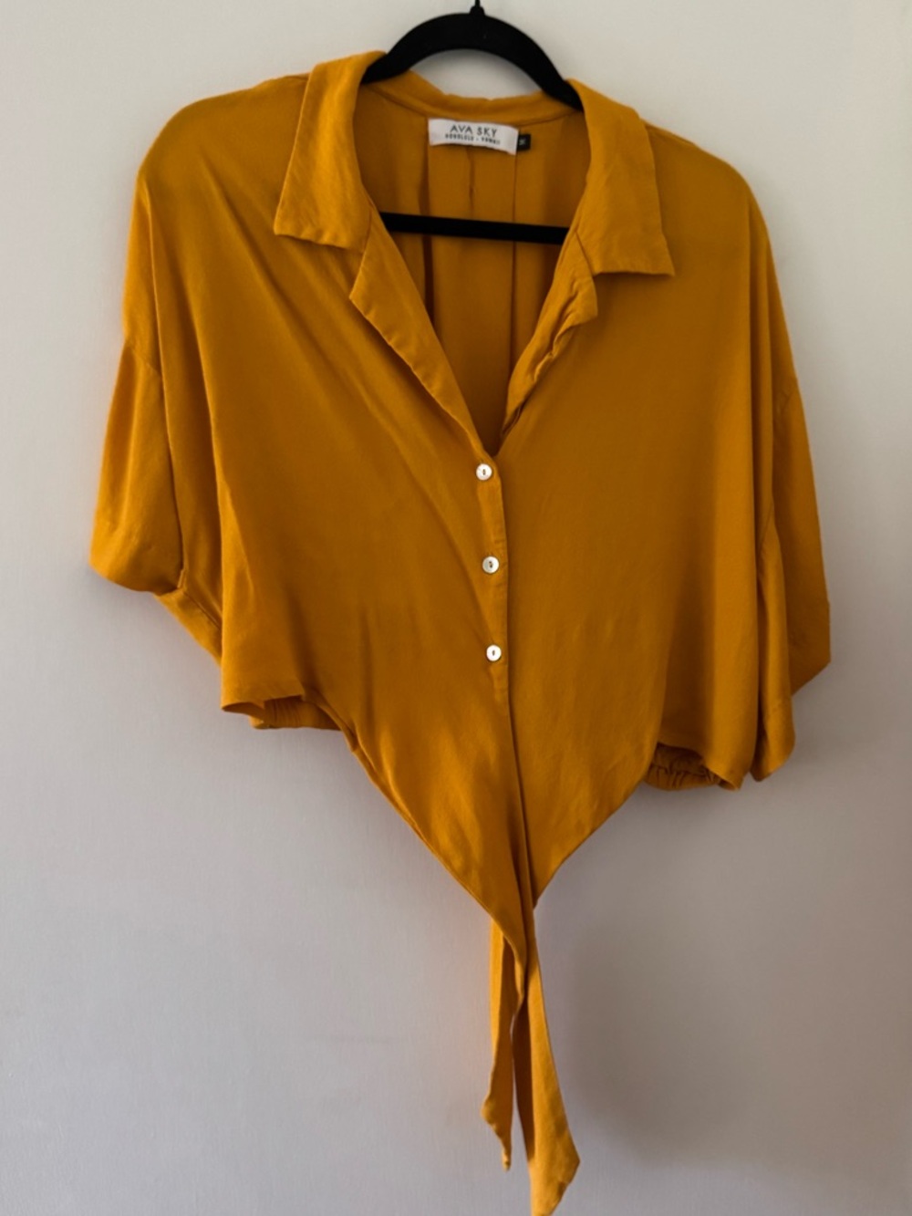 Ava Sky Mustard Tie-Front Button Crop Shirt - Picture 3 of 5